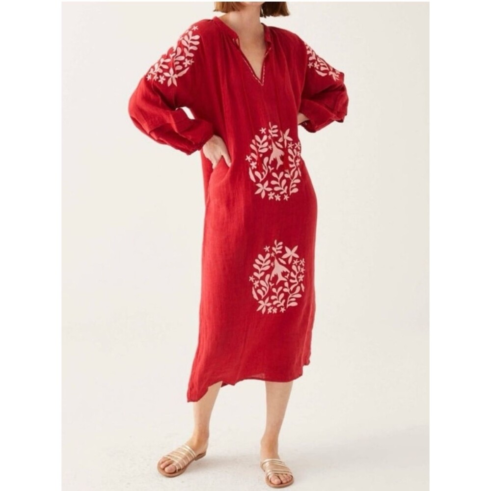 Voyageur by Mersea Red Linen Palermo Embroidered Maxi Dress XS